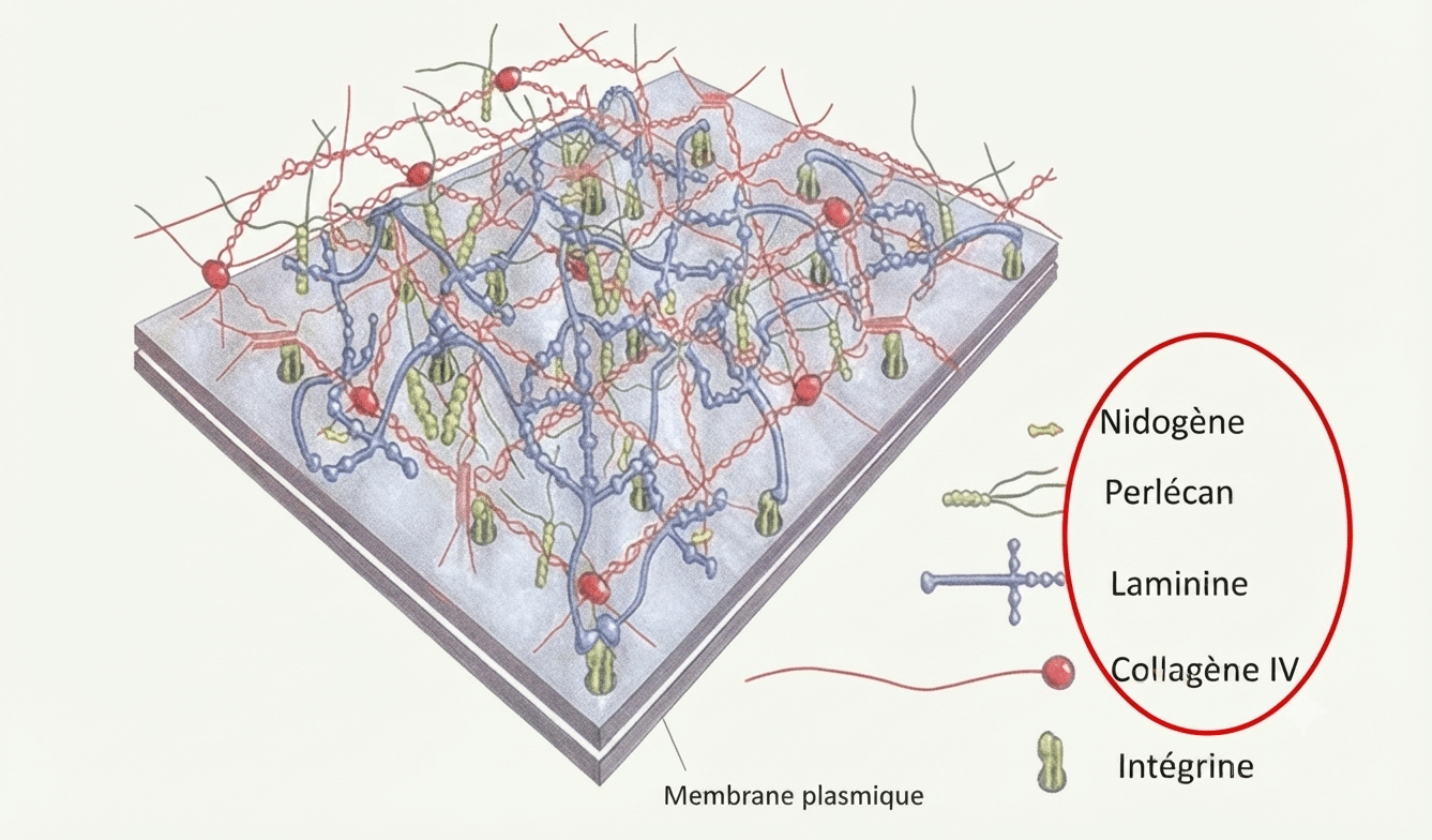 Organisation moléculaire tridimensionnelle de la membrane basale : laminine, collagène IV, nidogène et perlécan
