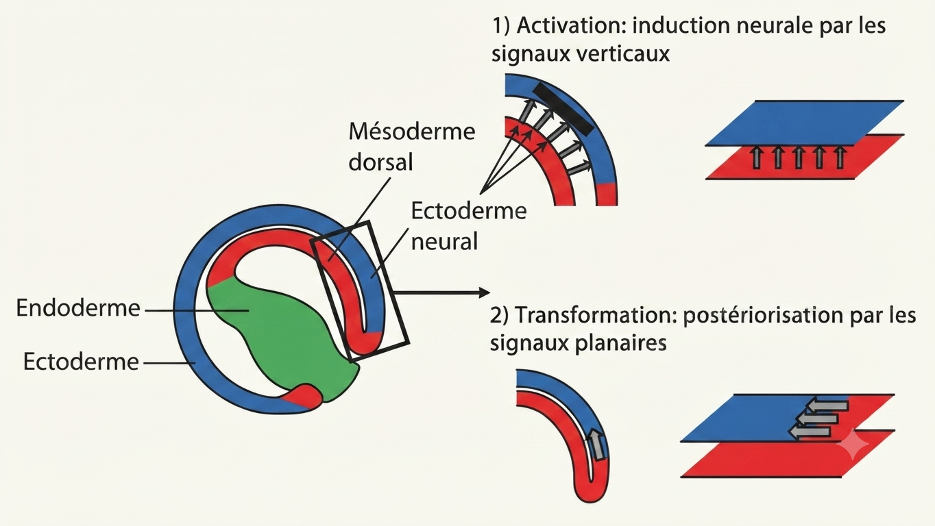 Modèle activation-transformation de Nieuwkoop : signaux verticaux (identité neurale antérieure) puis signaux planaires postériorisants