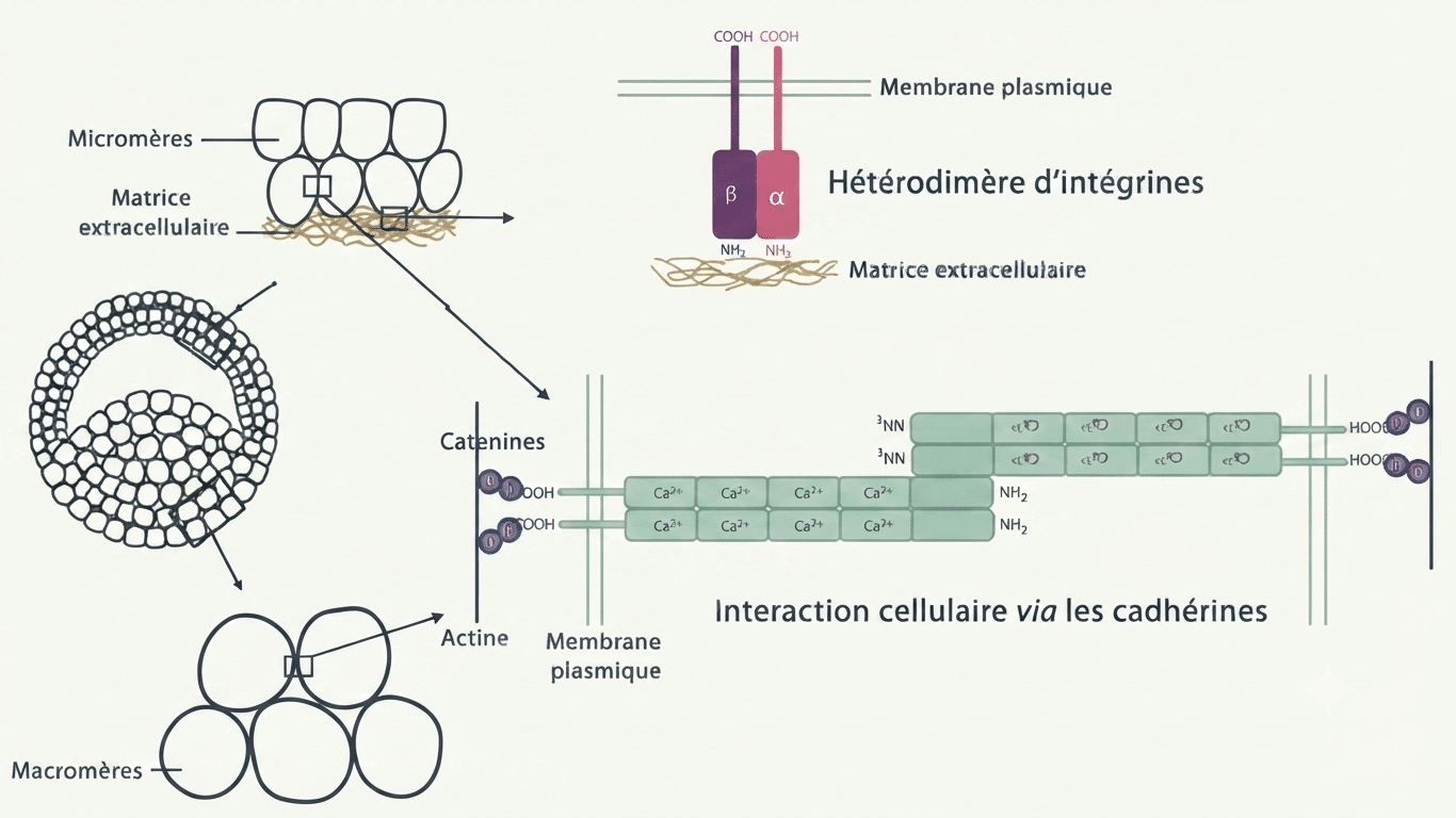 Adhérence cellulaire : cadhérines (cellule-cellule) et intégrines (cellule-matrice)