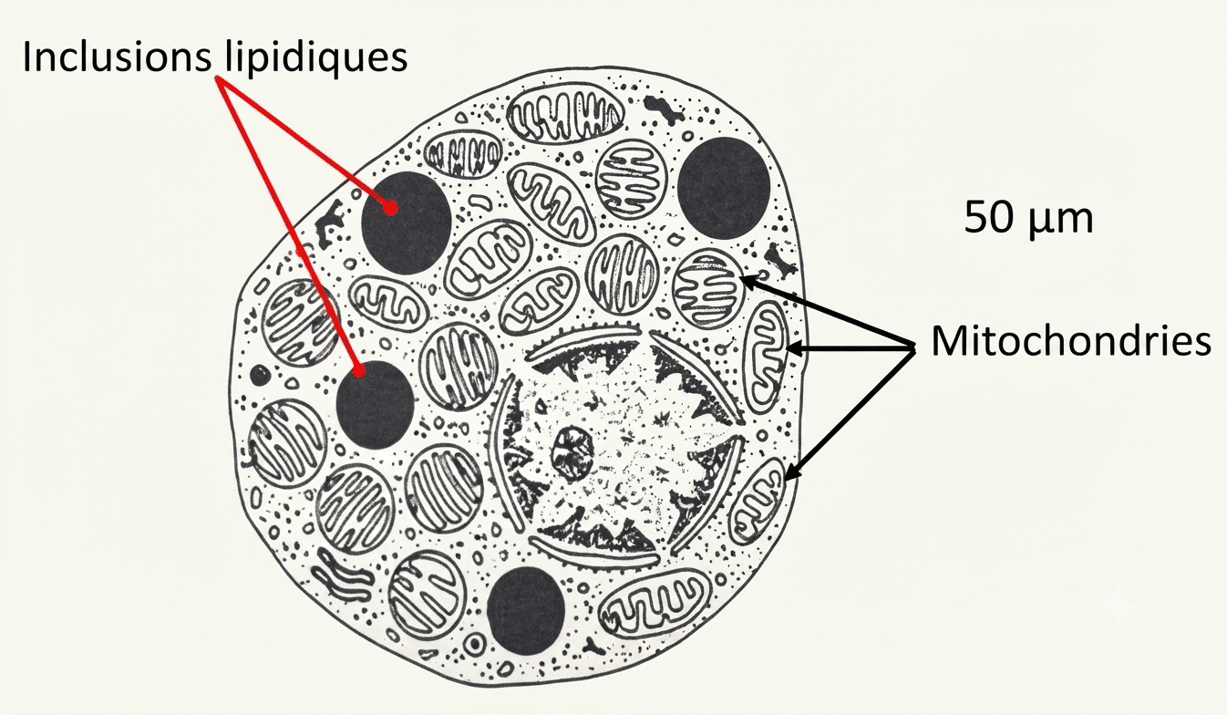Adipocyte brun aux inclusions lipidiques multiples et aux nombreuses mitochondries
