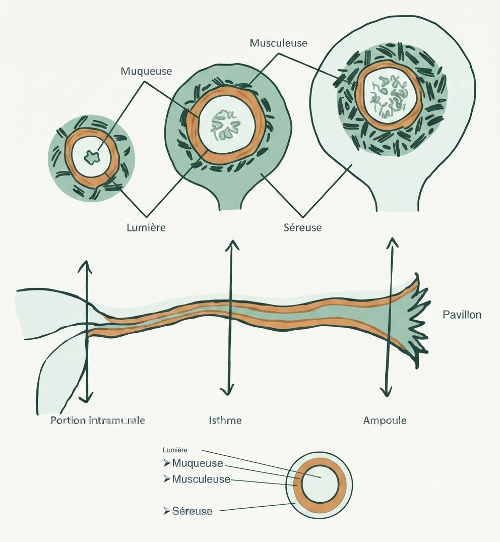 Structure de la paroi tubaire : muqueuse plissée, musculeuse et séreuse