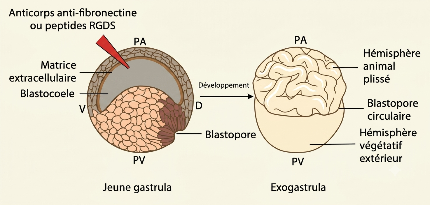 Exogastrula obtenue par blocage de la fibronectine : endoderme non invaginé et hémisphère animal plissé