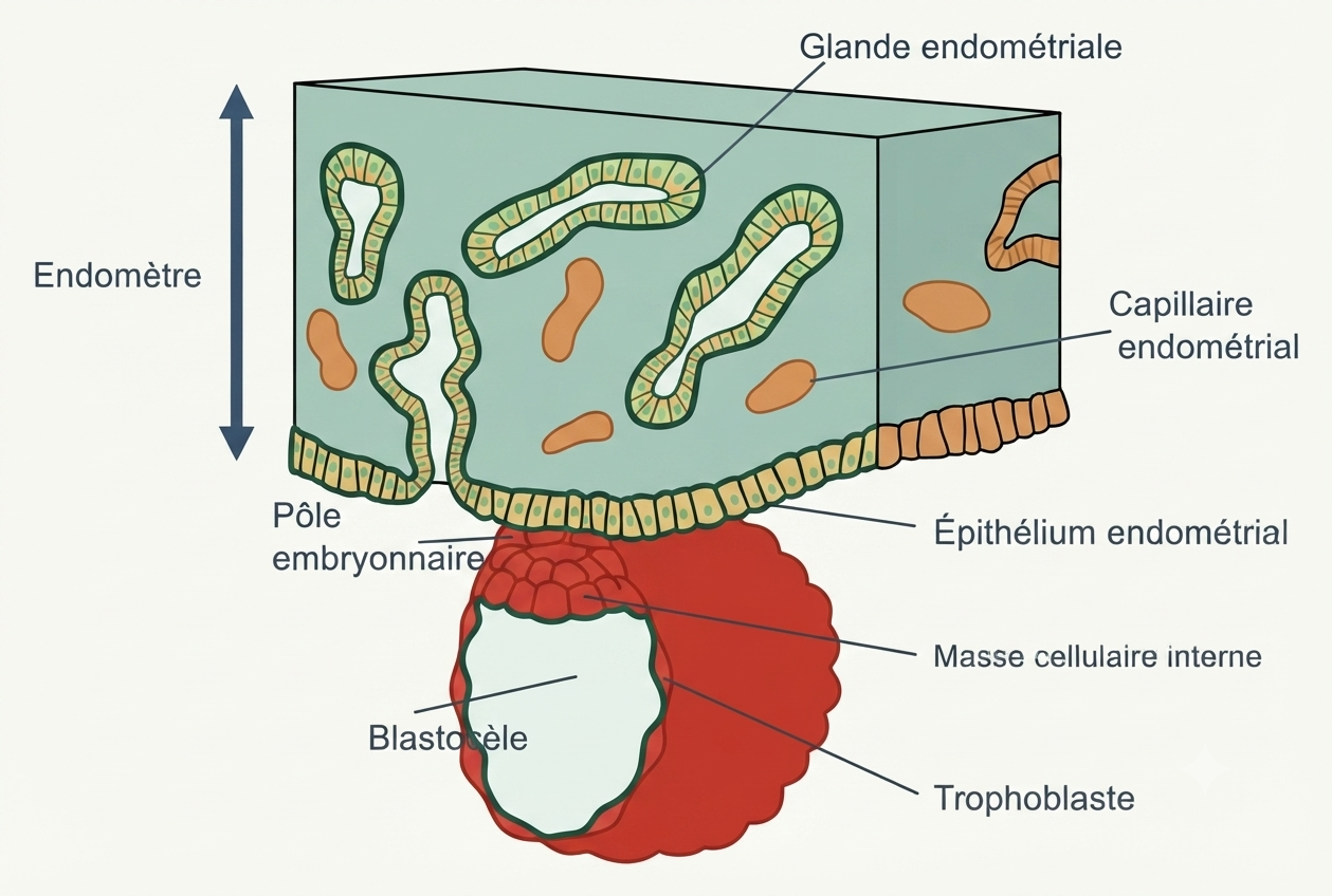 L'apposition du blastocyste contre l'épithélium endométrial à J6