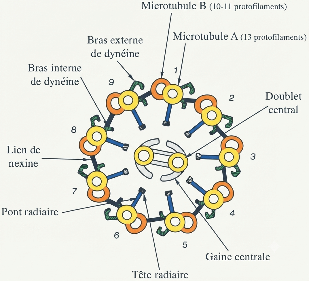 Coupe de l'axonème en 9+2 : doublets périphériques, paire centrale, dynéine et nexine