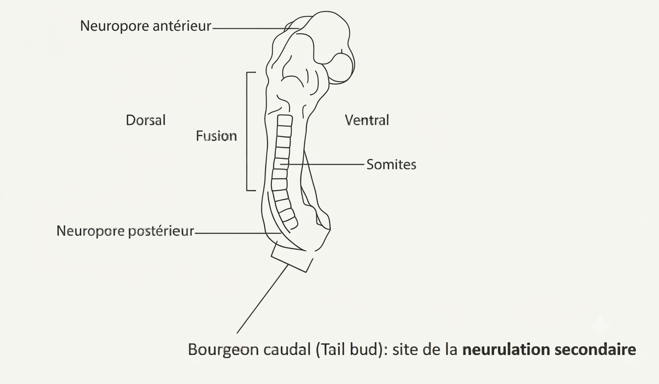 Neurulation secondaire : épithélialisation de cellules mésenchymateuses internes formant un tube neural à lumière centrale, avec la chorde sous-jacente