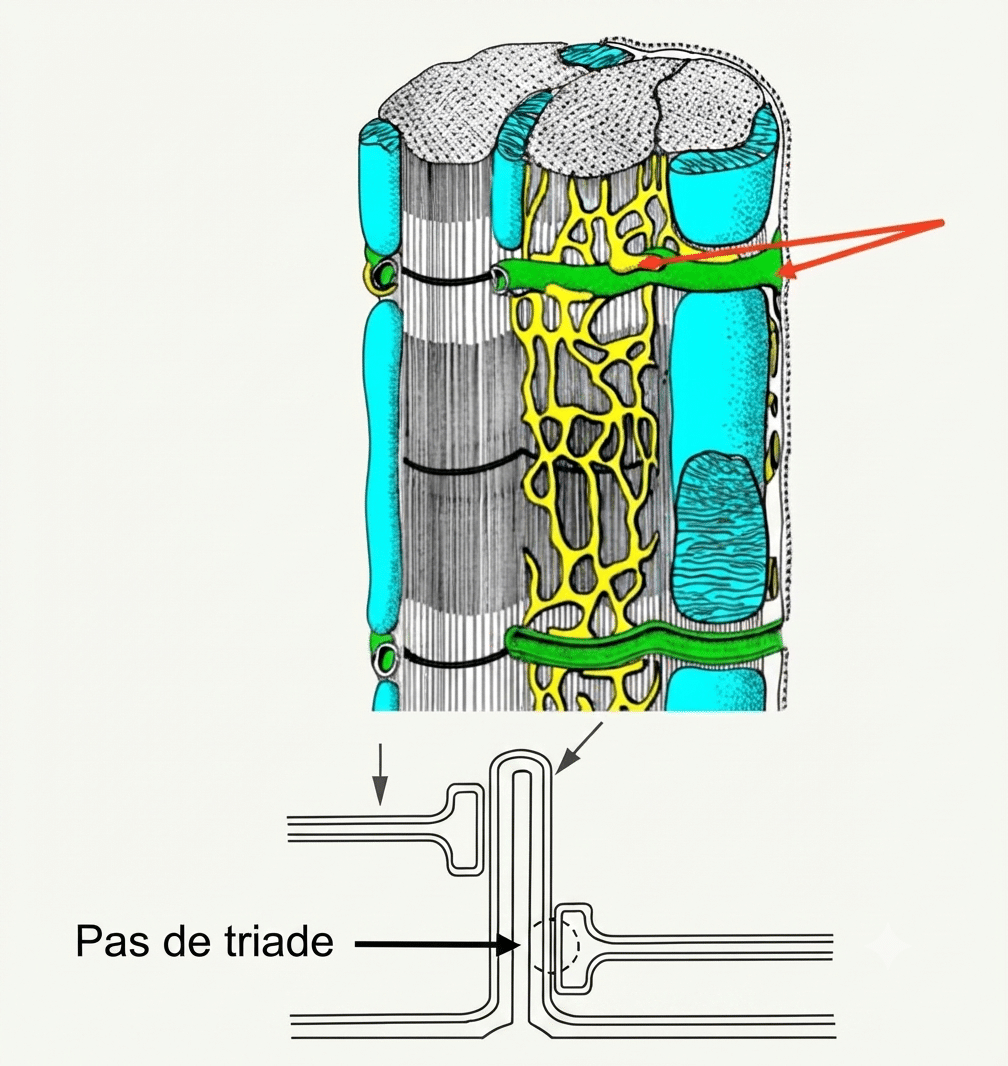 Cardiomyocyte et sa diade tubule T–réticulum sarcoplasmique, sans triade