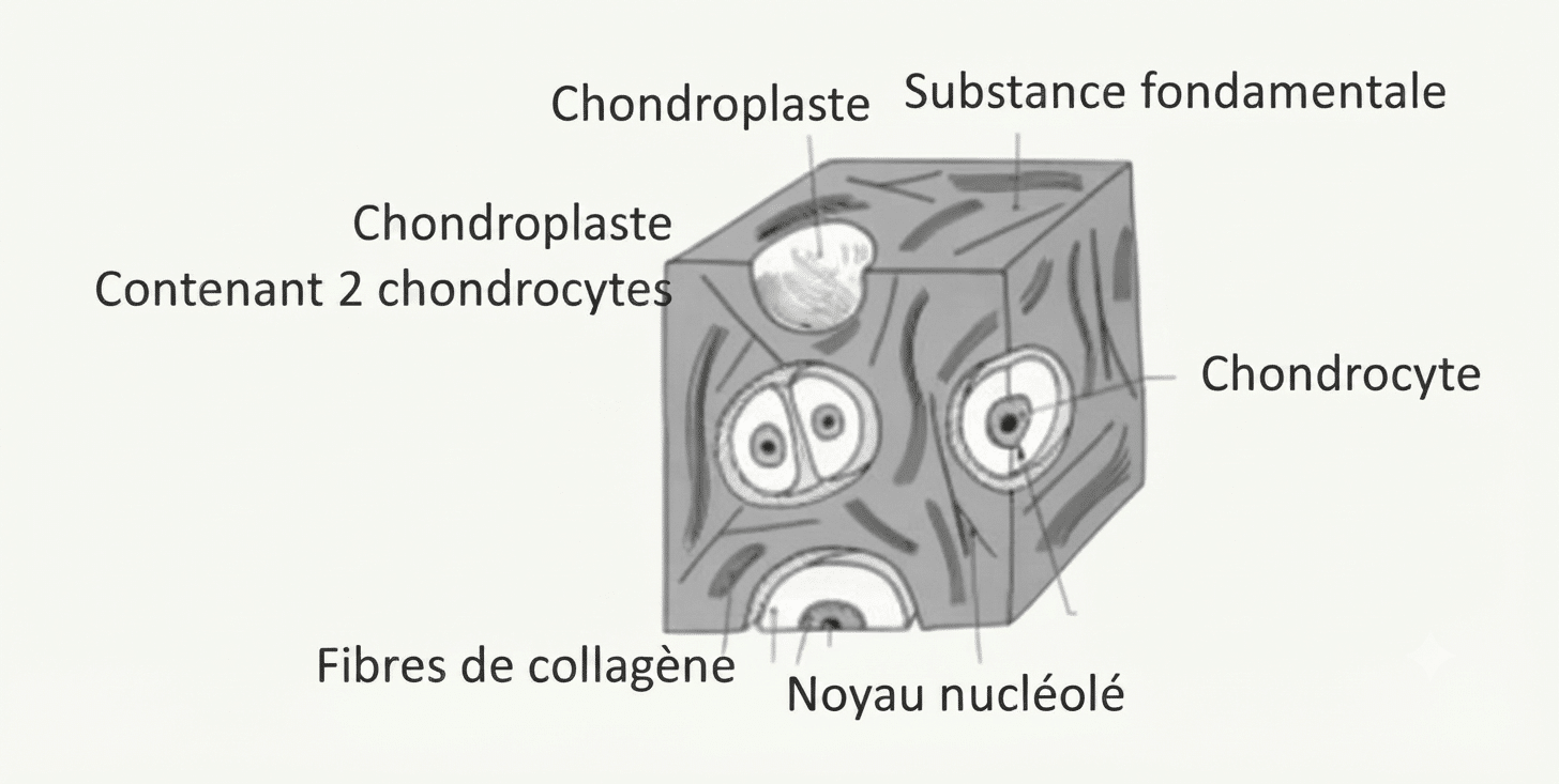 Organisation du cartilage : chondrocytes logés dans des chondroplastes au sein de la matrice
