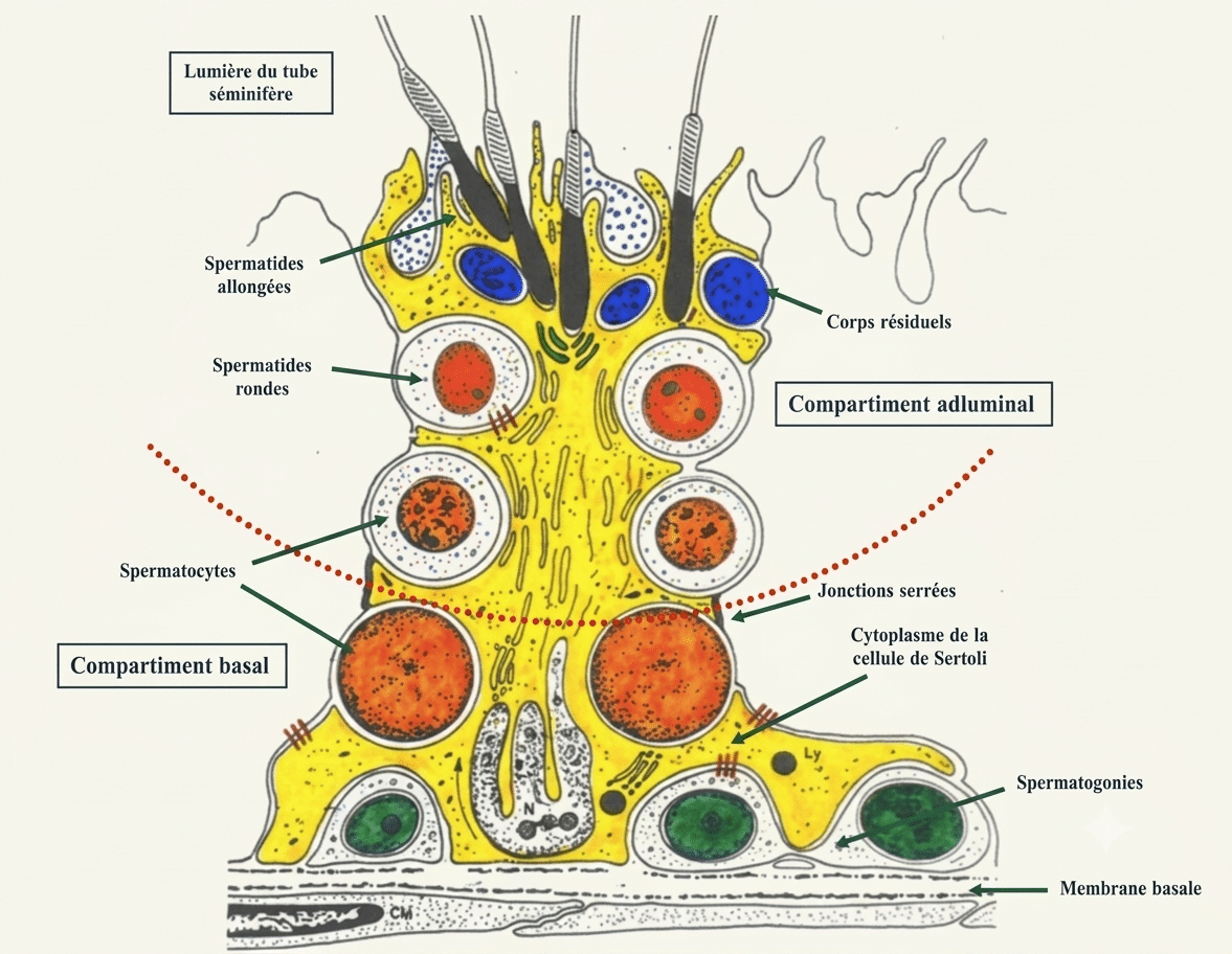 Cellule de Sertoli traversant l'épithélium séminal, entourant les cellules germinales, avec ses jonctions serrées