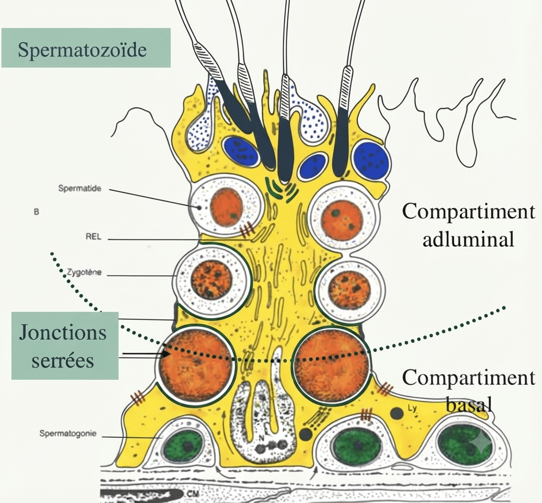 Franchissement de la barrière hémato-testiculaire par le spermatocyte, du compartiment basal vers l'adluminal
