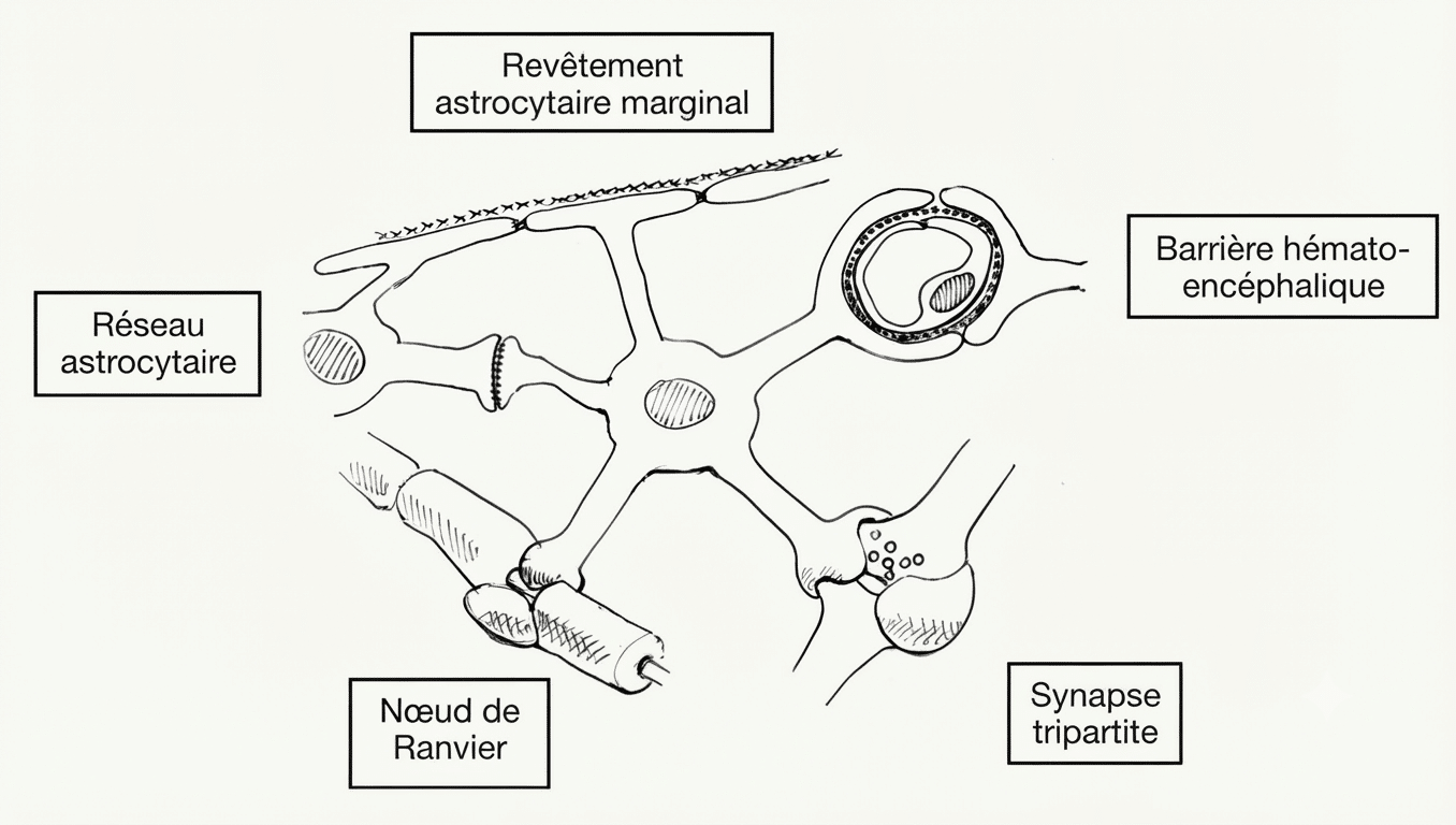 Les cellules gliales du tissu nerveux : astrocyte, oligodendrocyte, microglie et épendymocytes autour du neurone