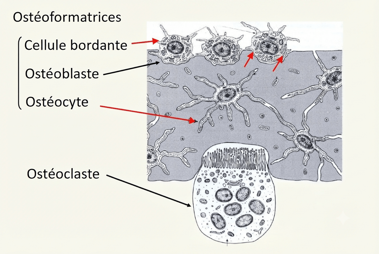 Les cellules osseuses : ostéoblaste, ostéocyte, cellule bordante et ostéoclaste