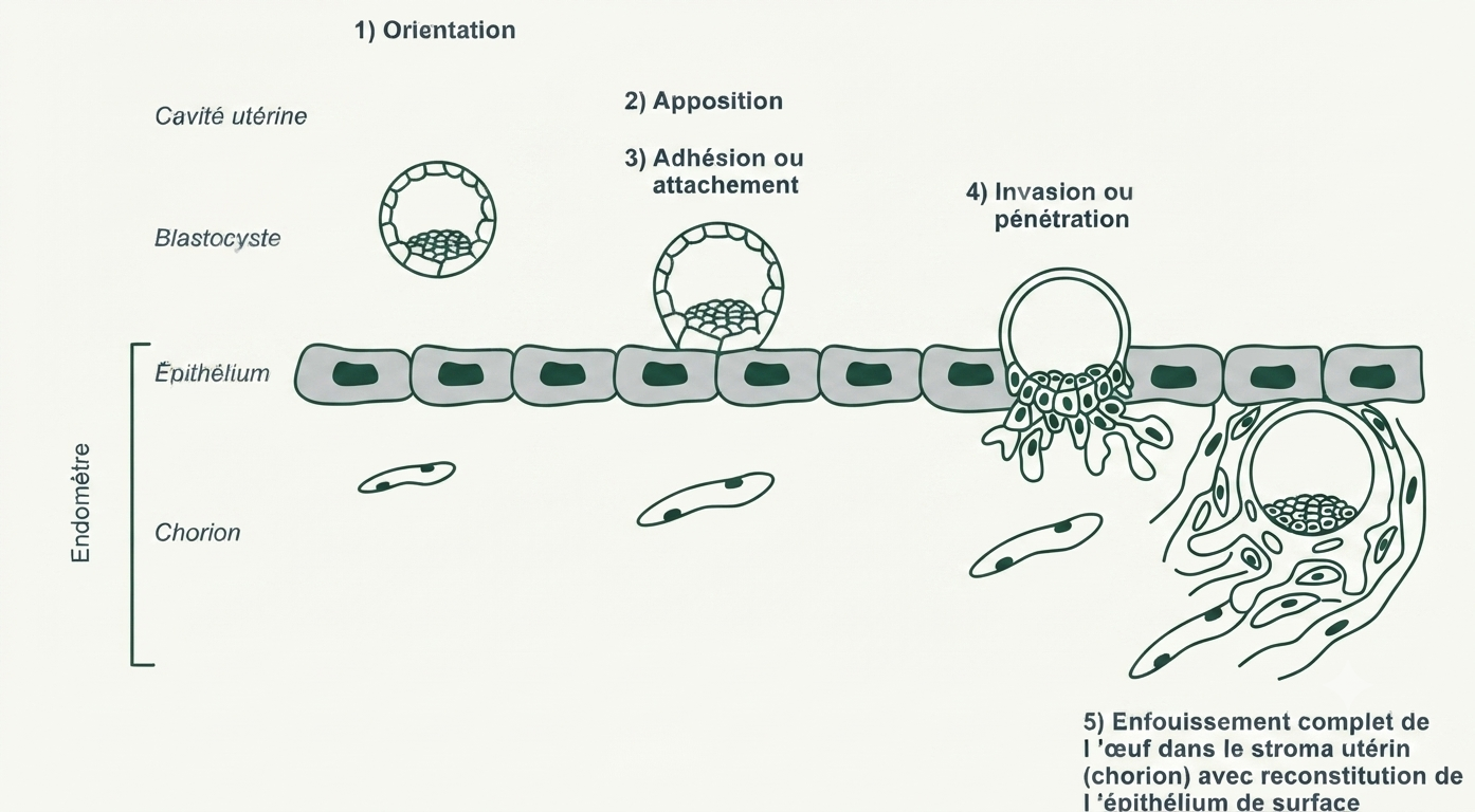 Les cinq phases de l'implantation : orientation, apposition, adhésion, invasion, enfouissement