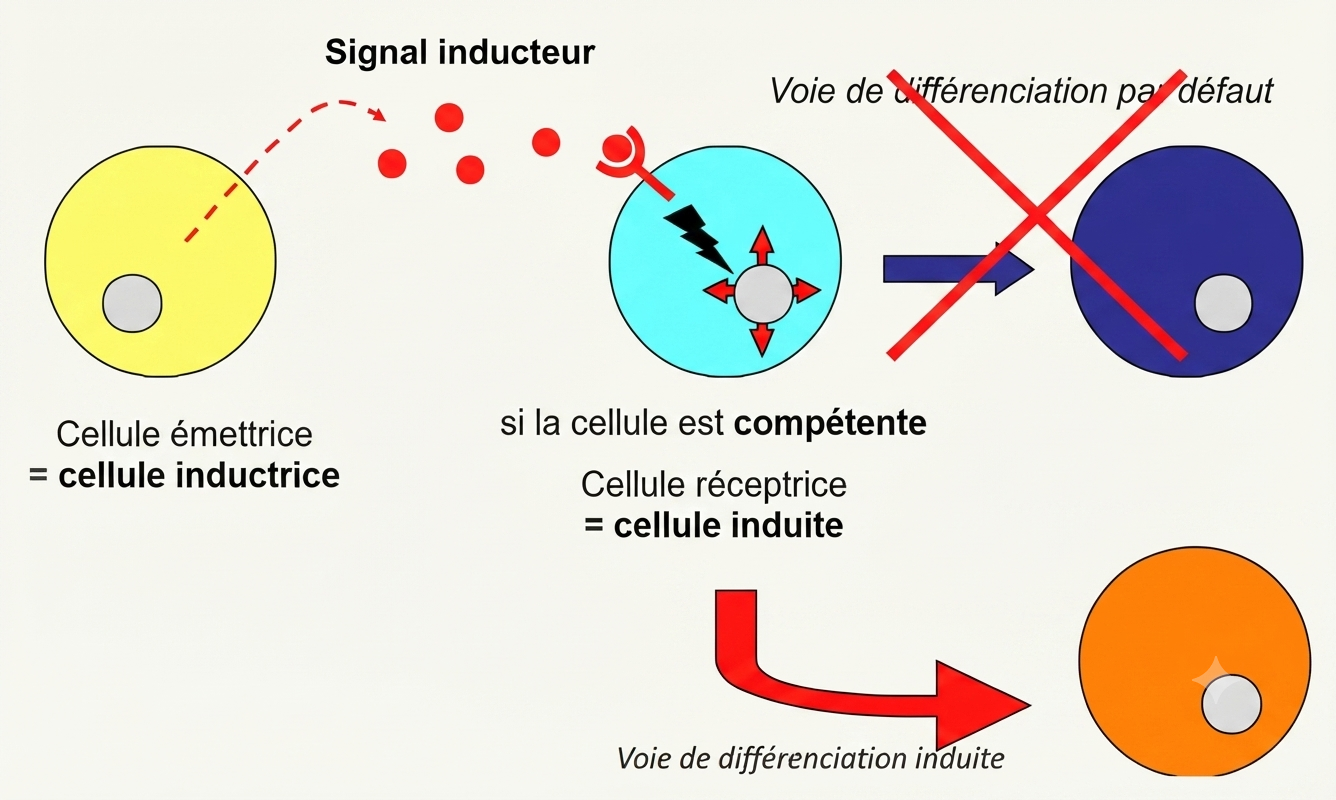 Induction : une cellule inductrice sécrète un signal reçu par une cellule compétente qui active des gènes cibles