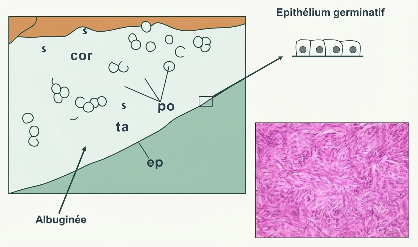 Cortex ovarien : épithélium germinatif, albuginée, stroma fusiforme et follicules à différents stades
