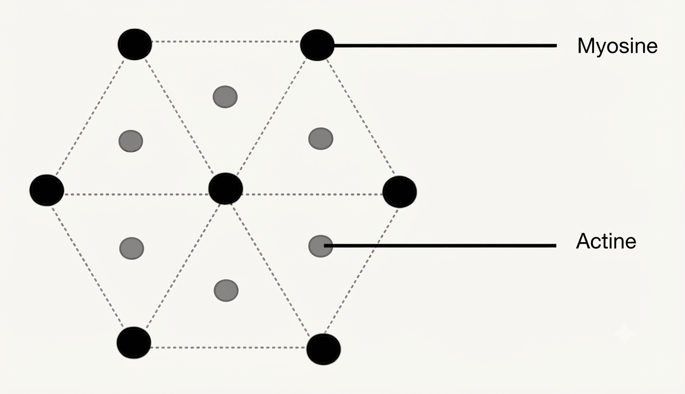 Coupe transversale des myofilaments montrant la disposition hexagonale de la myosine et de l'actine