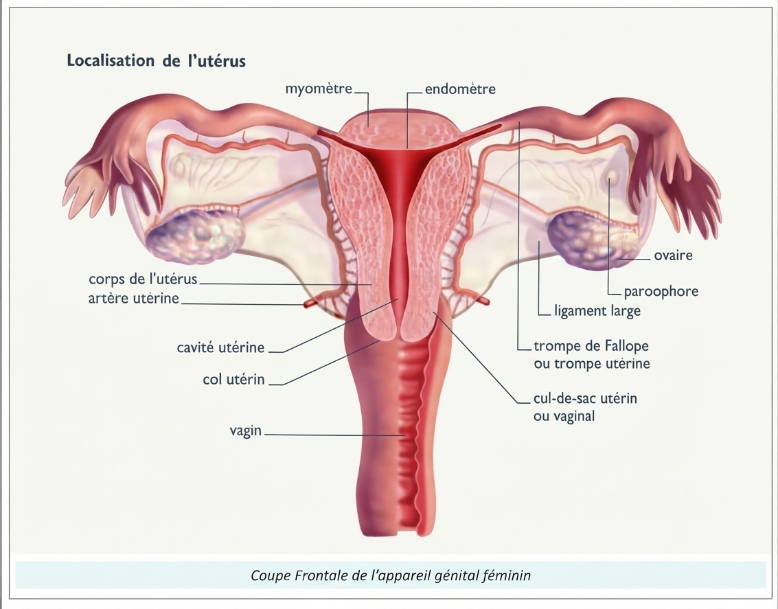 Coupe frontale de l'appareil génital féminin montrant la cavité utérine, les trompes et les ovaires