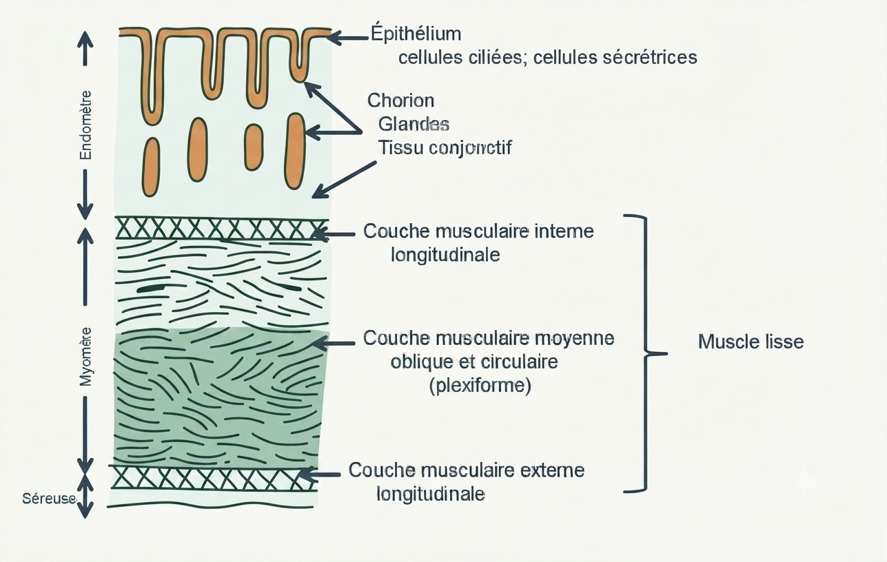 Coupe de la paroi utérine détaillant les trois plans de fibres musculaires du myomètre