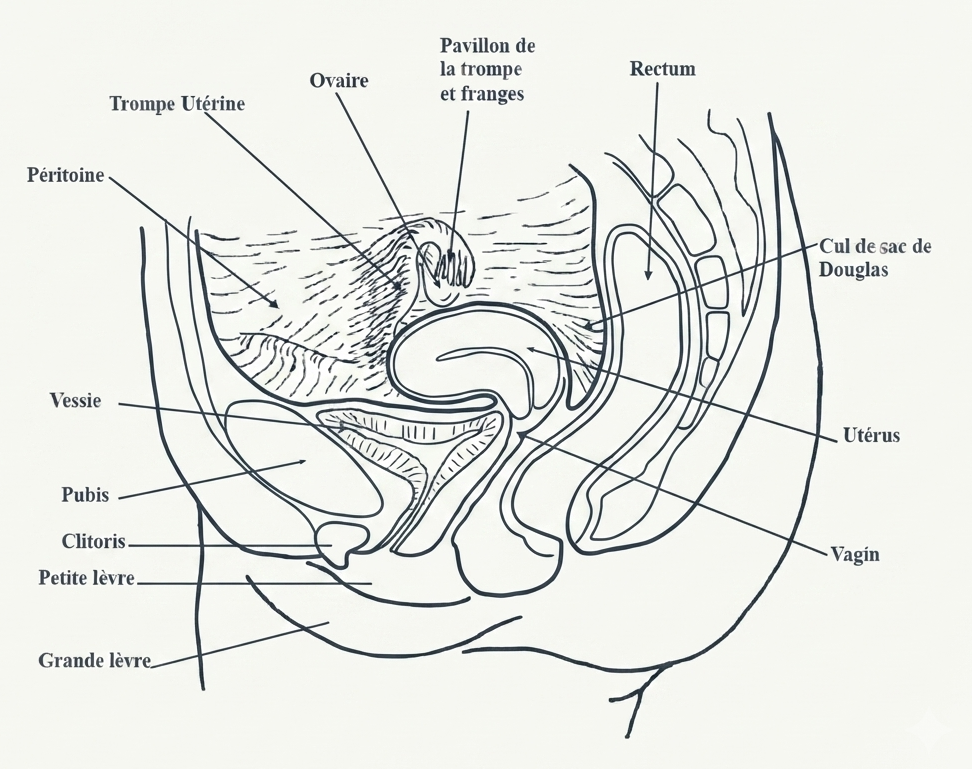 Coupe sagittale du pelvis féminin : utérus, vessie, rectum et cul-de-sac de Douglas