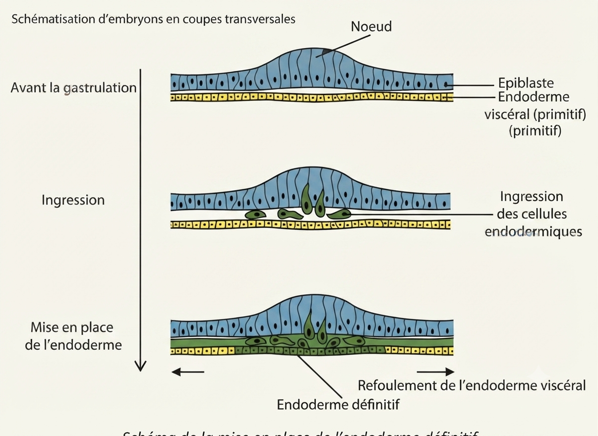 Formation de l'endoderme définitif : ingression depuis le nœud puis ré-épithélialisation en remplaçant l'endoderme viscéral