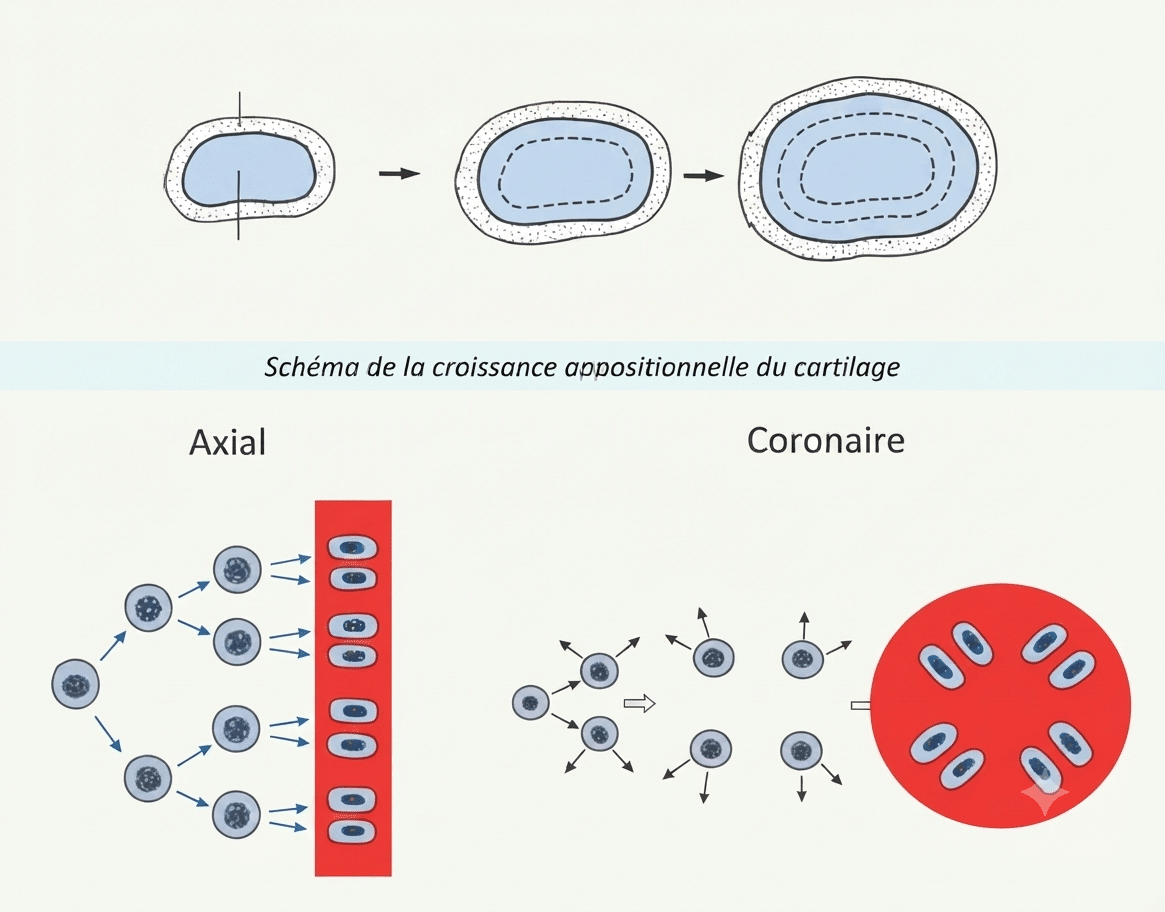Croissance interstitielle du cartilage par divisions axiale et coronaire des chondrocytes