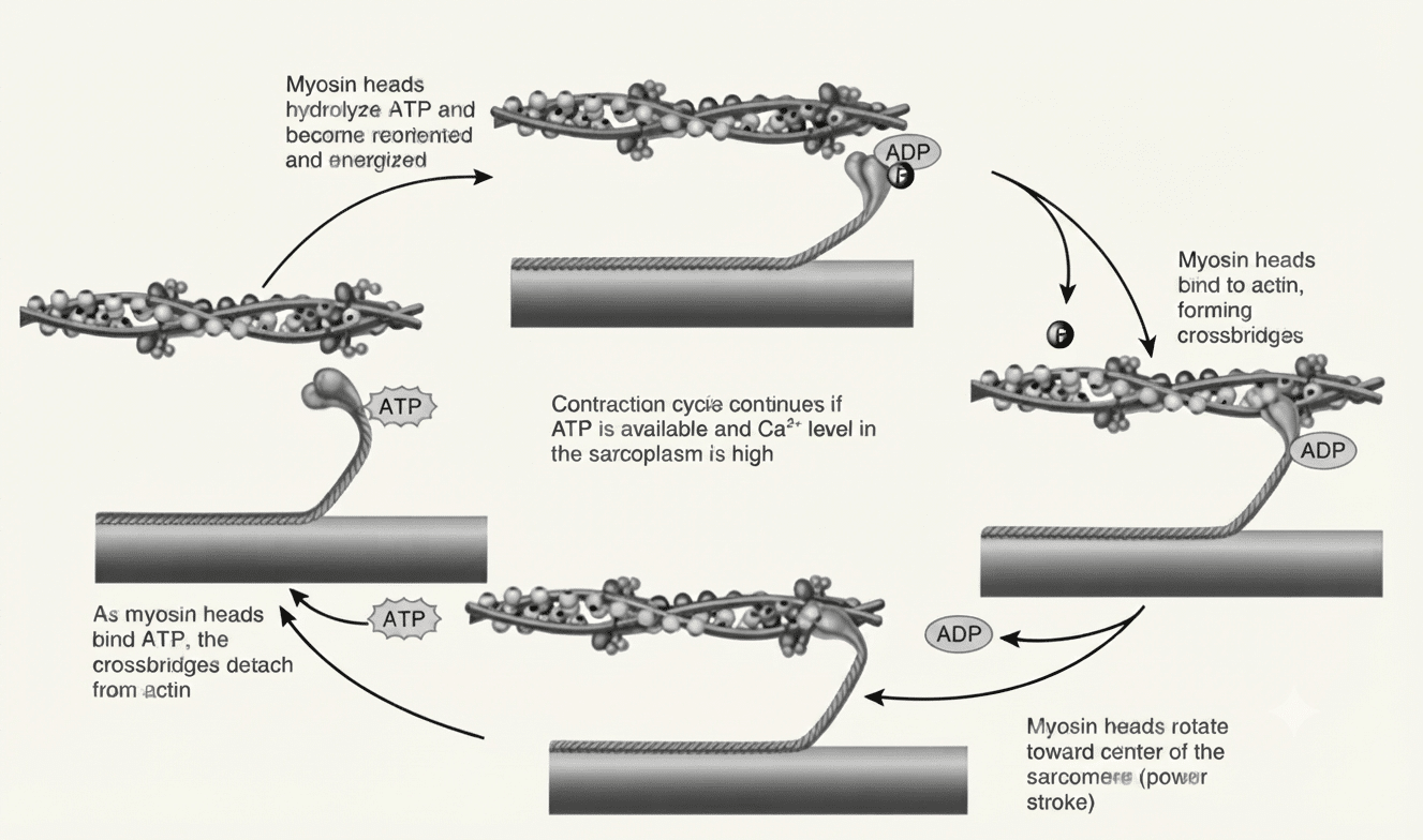 Cycle de contraction des têtes de myosine sur l'actine, alimenté par l'hydrolyse de l'ATP