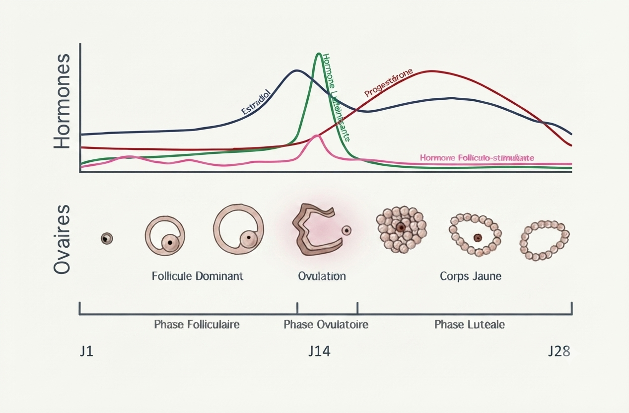 Cycle ovarien : évolution des follicules et courbes hormonales sur 28 jours