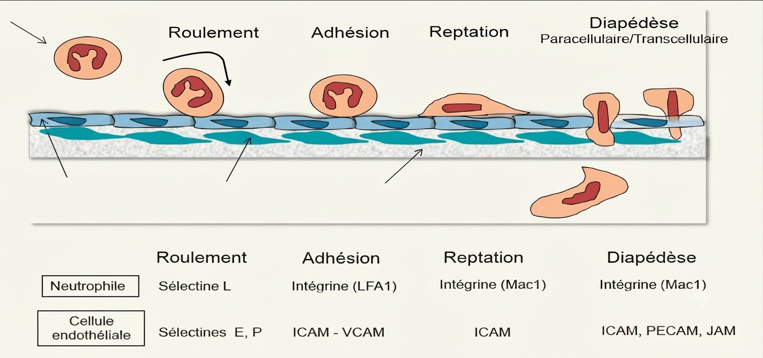 Étapes de la diapédèse d'un leucocyte : roulement, adhésion, reptation et passage transendothélial