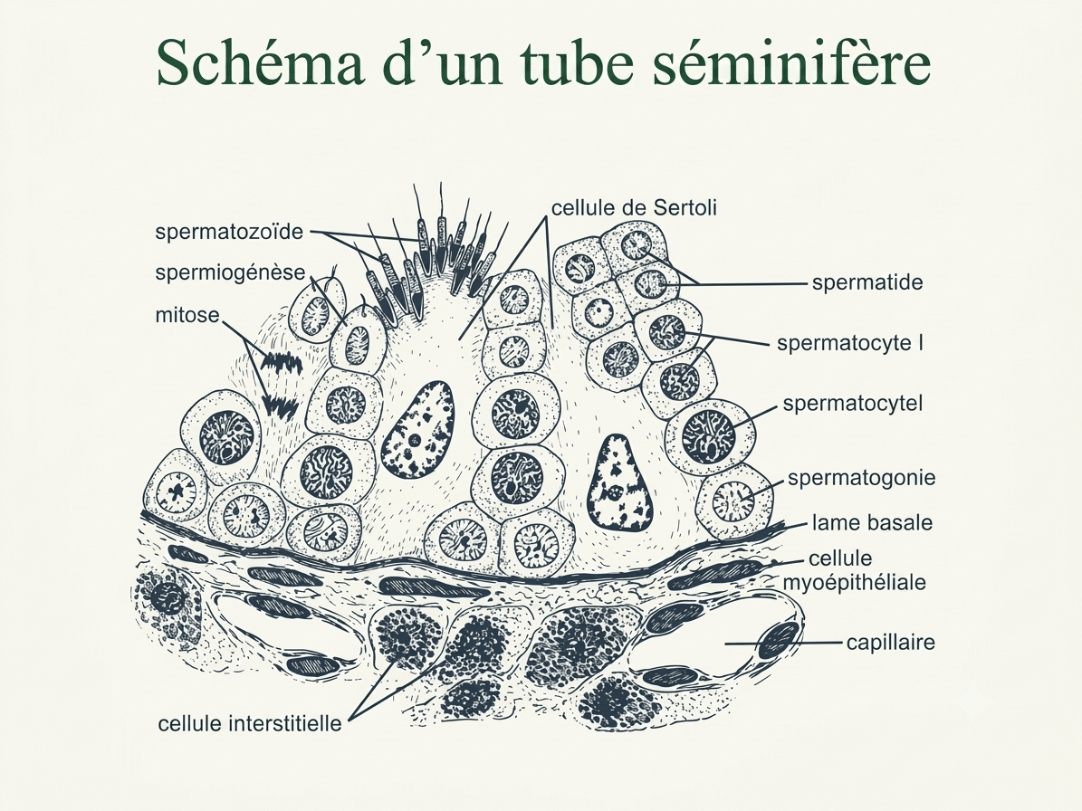 Schéma d'un tube séminifère : gaine péritubulaire, épithélium séminal avec cellules germinales à différents stades et cellules de Sertoli, lumière centrale où sont libérés les spermatozoïdes