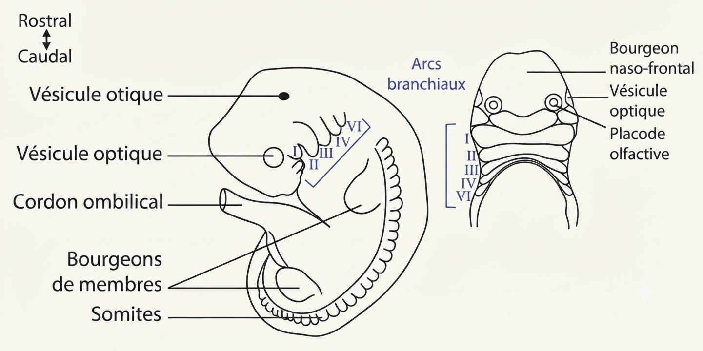 Arcs branchiaux de la région céphalique d'un embryon humain de 4 semaines, séparés par des poches et des fentes pharyngées