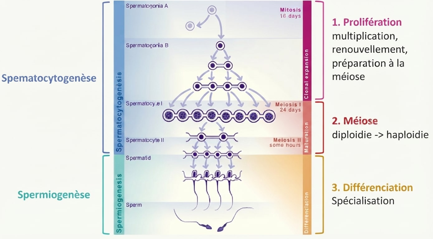 Les trois phases de la spermatogenèse : multiplication, méiose et spermiogenèse