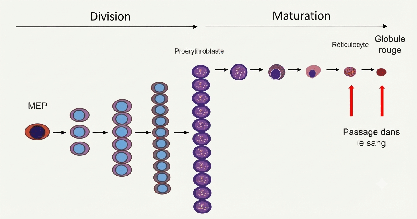 Érythropoïèse : maturation du proérythroblaste au globule rouge, avec expulsion du noyau