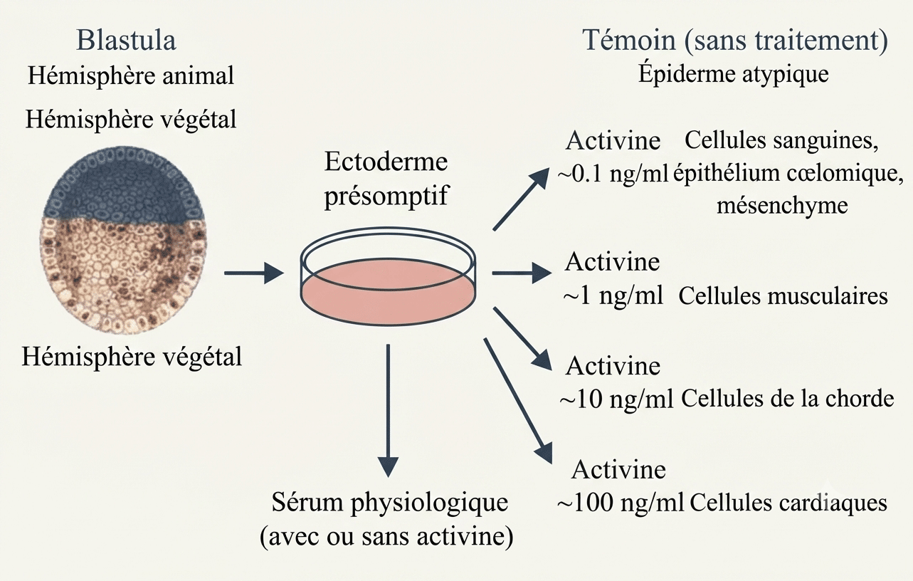 Expérience de l'Activine en dose-réponse sur l'ectoderme : structures induites variables selon la concentration