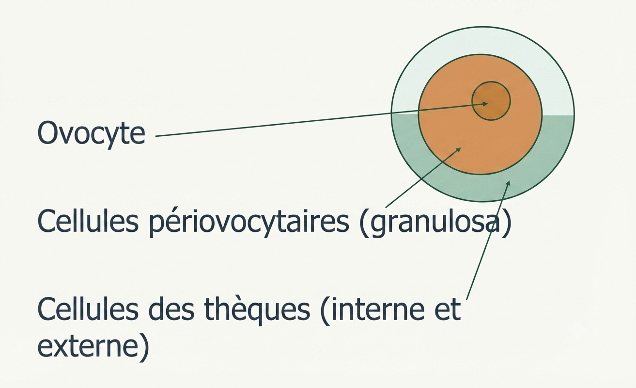 Structure d'un follicule ovarien : ovocyte central, granulosa et thèques
