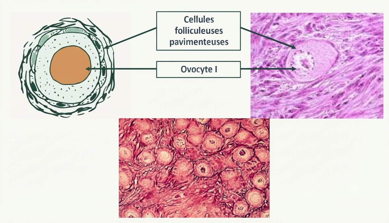 Le follicule primordial : ovocyte I entouré d'une assise de cellules folliculaires pavimenteuses