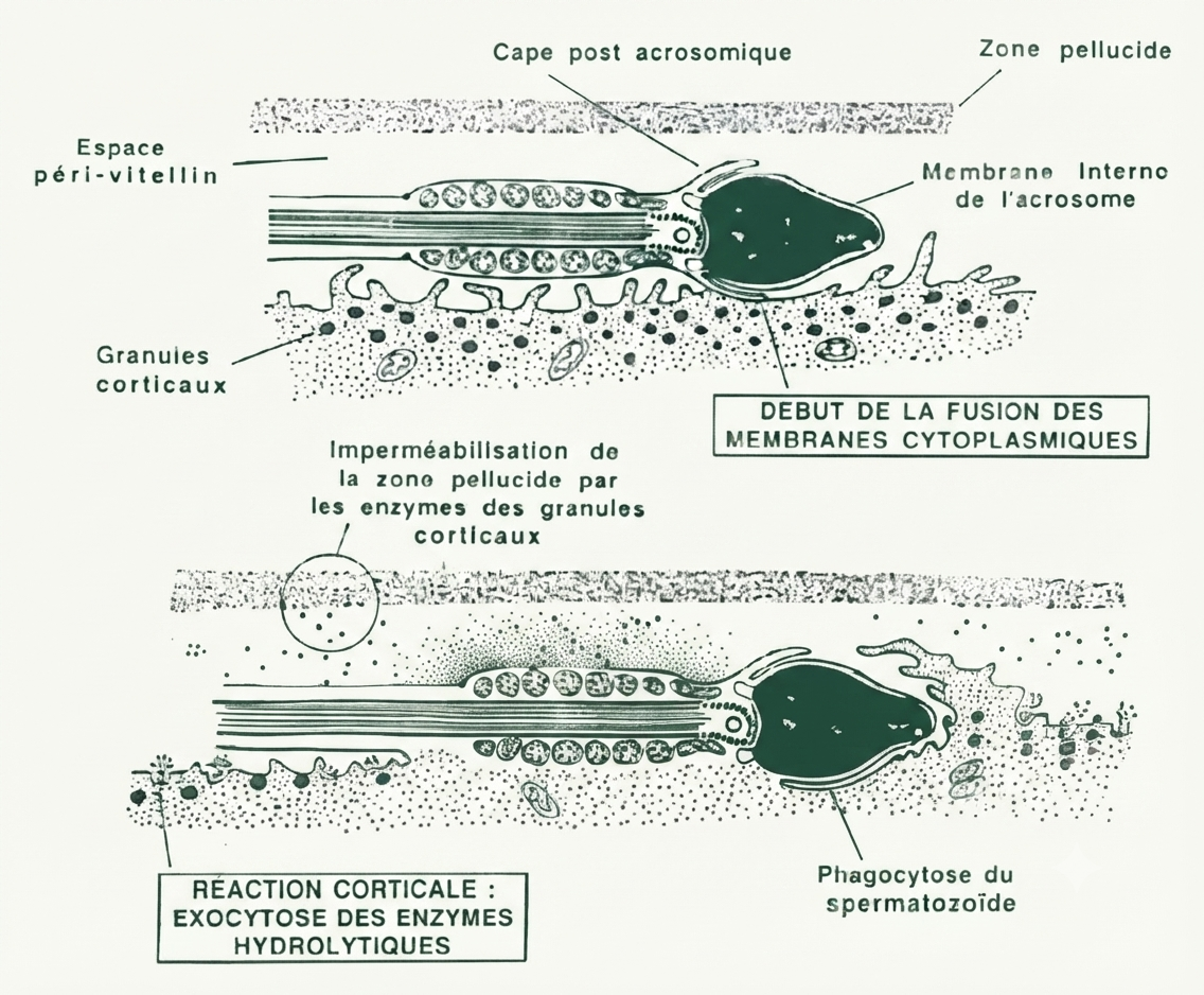 La réaction corticale : exocytose des granules corticaux après la fusion