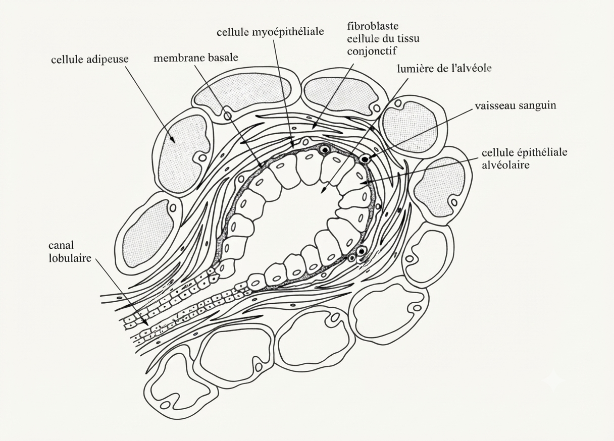 Schéma d'une glande exocrine avec son alvéole, ses cellules myoépithéliales et son canal