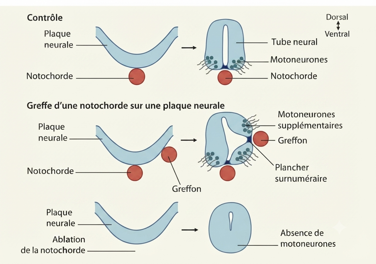 Greffe d'une notochorde supplémentaire induisant un plancher et des motoneurones ectopiques, et ablation supprimant ces structures