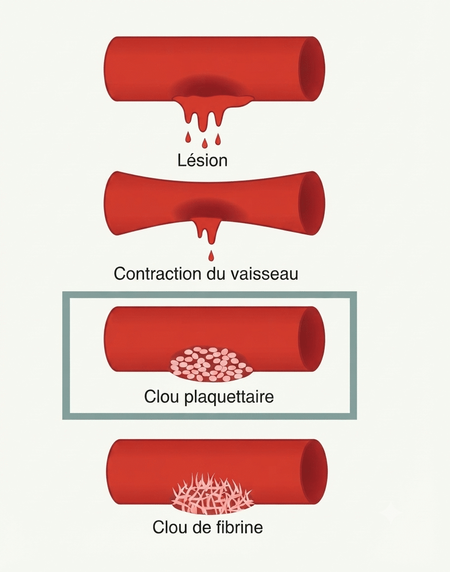 Étapes de l'hémostase : contraction vasculaire, clou plaquettaire puis clou de fibrine