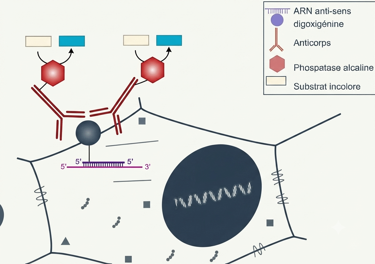 Hybridation in situ : sonde à digoxigénine hybridée sur l'ARNm cible, révélée par anticorps