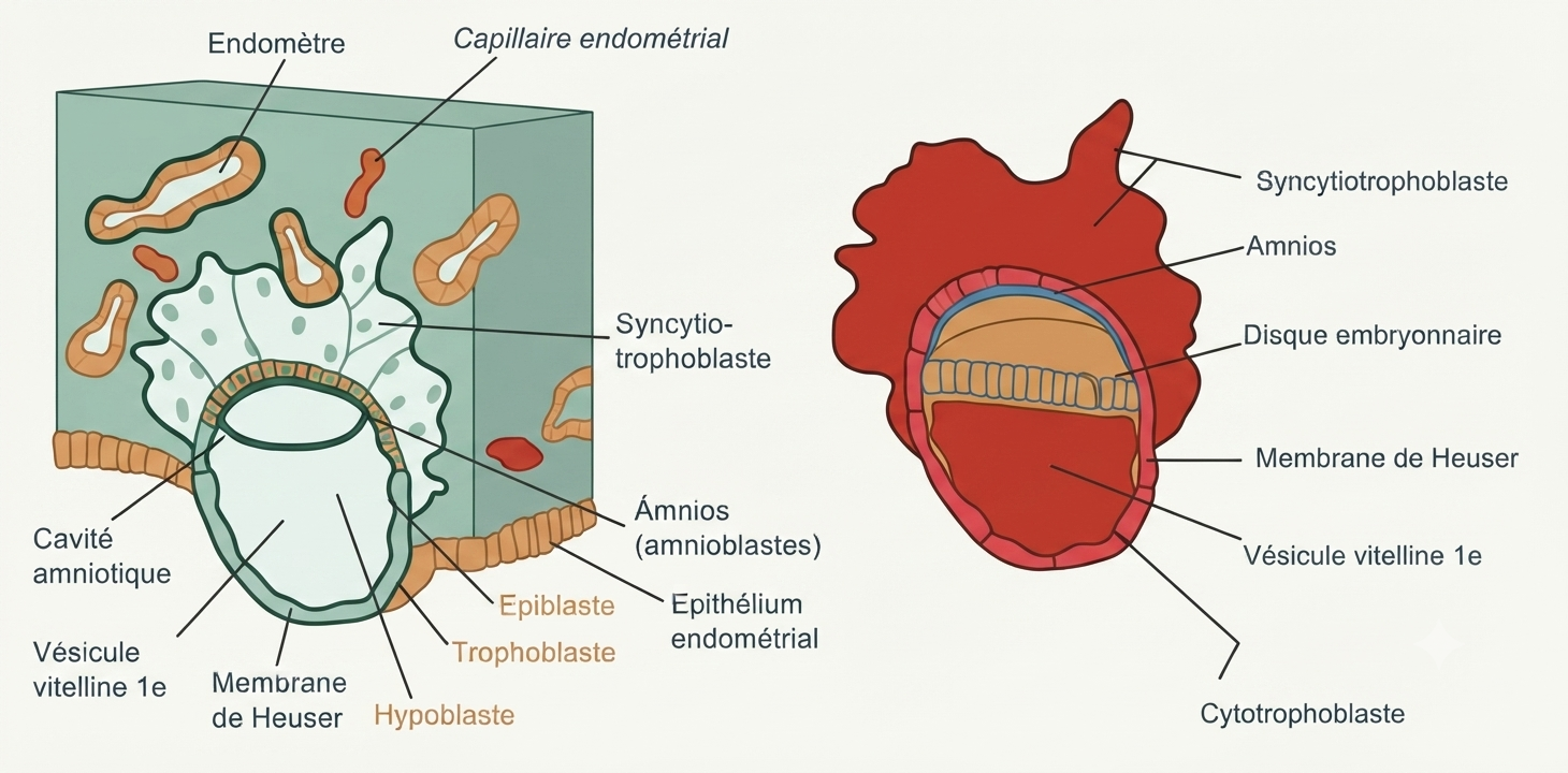 L'œuf à deux cavités : cavité amniotique, disque embryonnaire et membrane de Heuser