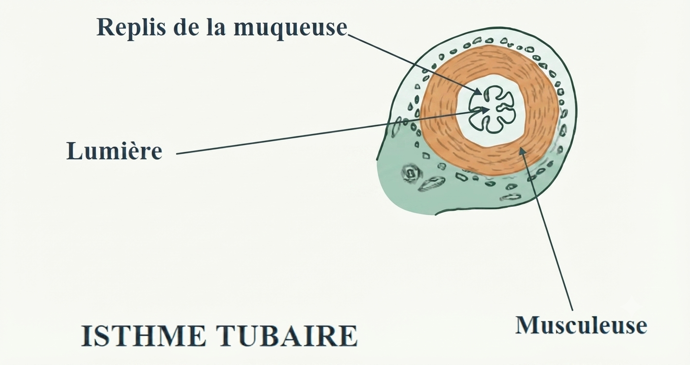 Coupe de l'isthme tubaire : replis de la muqueuse et lumière étroite