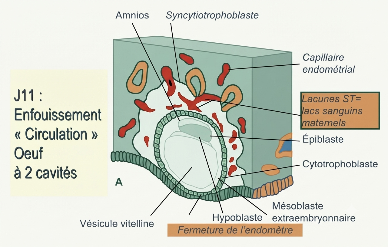J11 : l'œuf enfoui dans l'endomètre, ses deux cavités et les lacunes trophoblastiques
