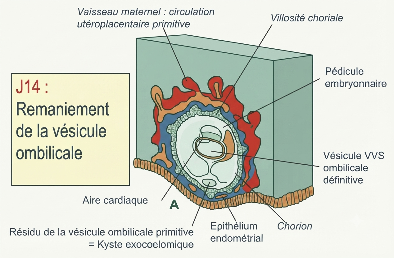 J14 : le remaniement de la vésicule ombilicale et les kystes exocœlomiques