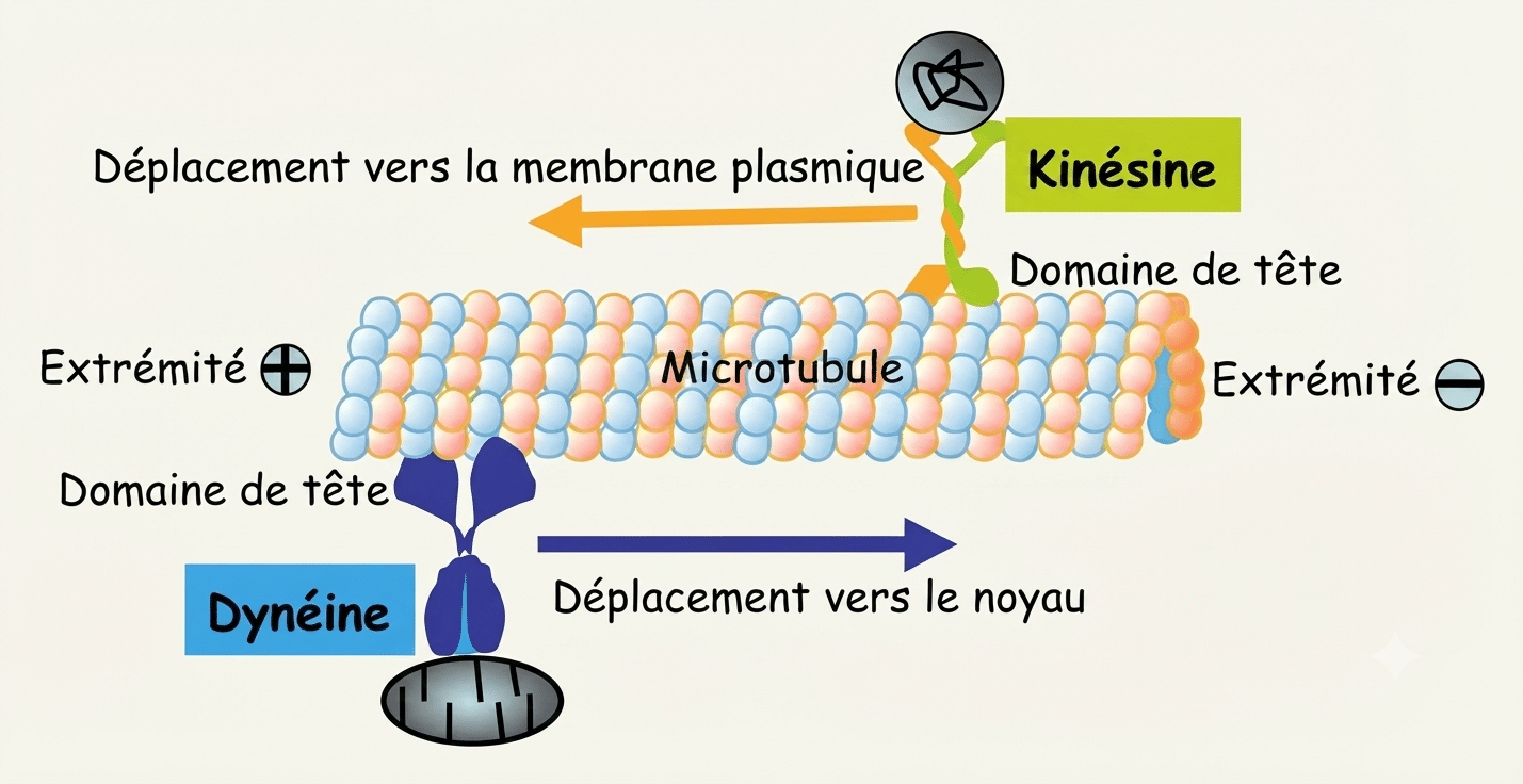 Kinésine et dynéine transportant les cargos le long des microtubules de l'axone