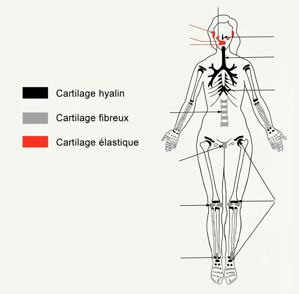 Localisation des cartilages hyalin, fibreux et élastique dans le corps humain