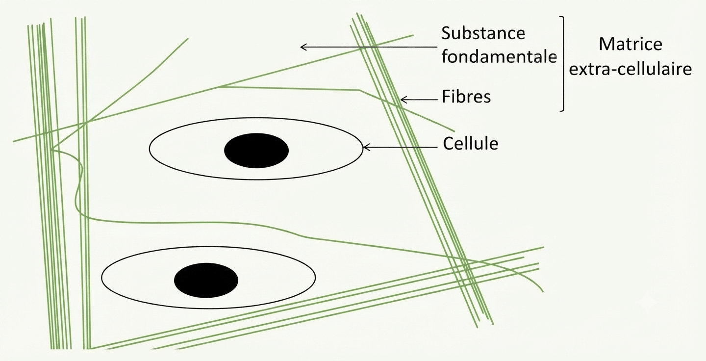 Organisation d'un tissu conjonctif : cellules, fibres et substance fondamentale de la matrice extracellulaire