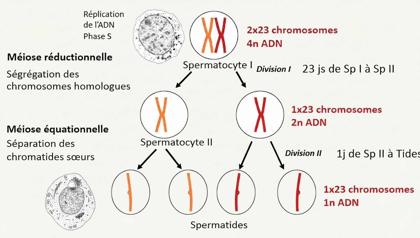 Méiose : M1 réductionnelle puis M2 équationnelle, de 2n à n sans réplication intermédiaire