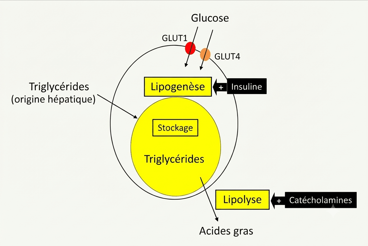 Métabolisme de l'adipocyte : lipogenèse sous insuline et lipolyse sous catécholamines