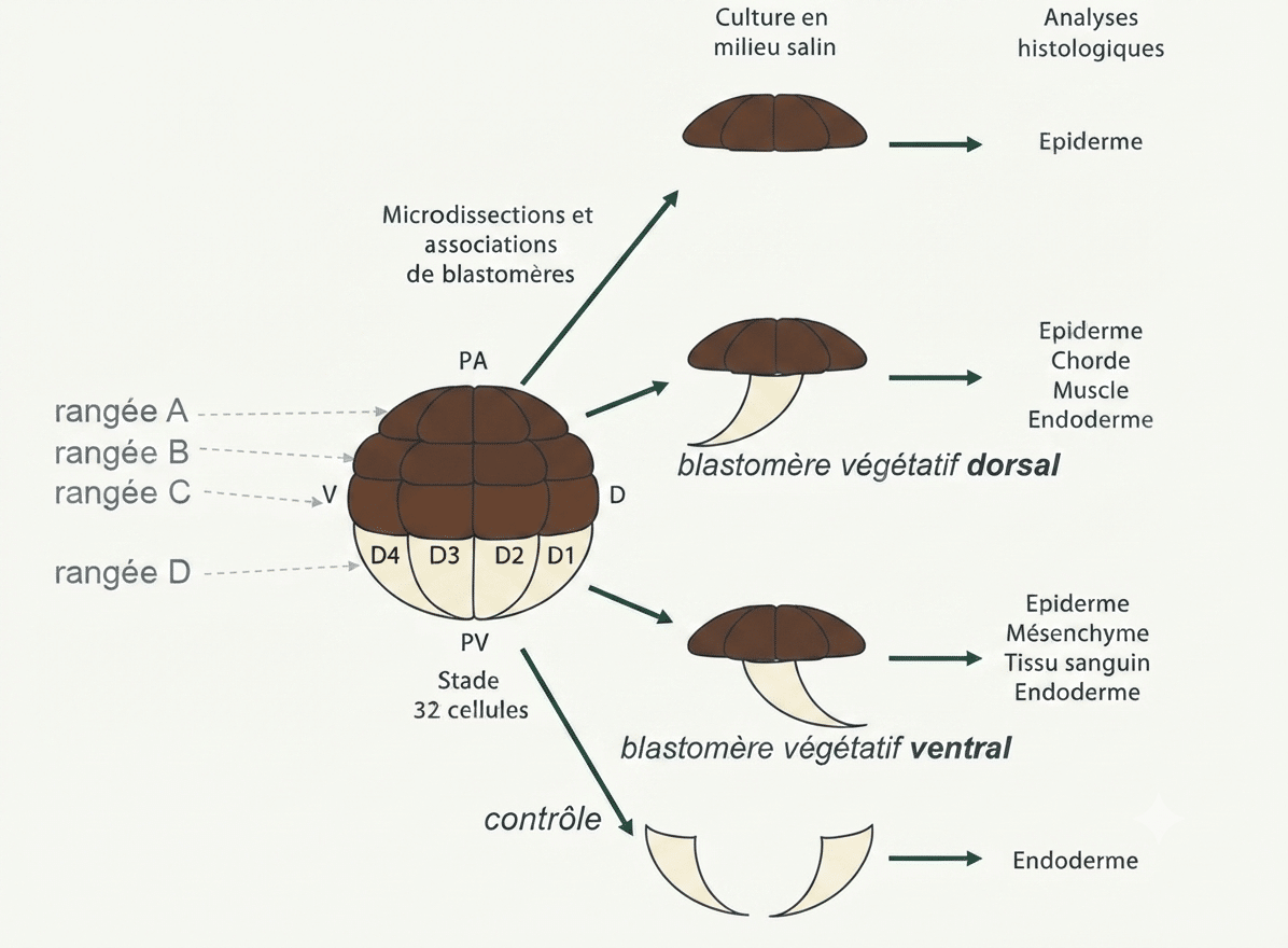 Dispositif de Dale et Slack : microdissections et associations de blastomères au stade 32 cellules (rangée A, D1, D4)