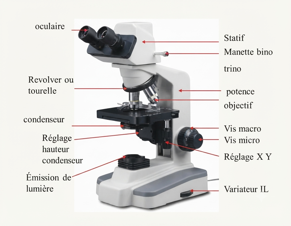 Schéma légendé d'un microscope optique et de ses différentes parties